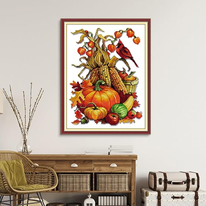 Qeerysew Cross Stitch Kits Stamped Full Range of Embroidery Starter Kits for Beginners DIY- Printed Kits Abundant Harvest of All Grains(Printed) 11CT18.5x23.6inches