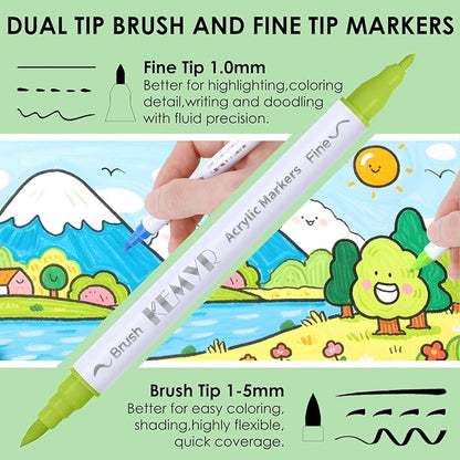 KEMYR 24 Colors Brush & Fine Tip Acrylic Paint Pens, Dual Tip Acrylic Paint Markers for Paper, Wood, Canvas, Stone, Rock, Glass, Fabric, DIY, Ceramic, Art Supplies for Adults Drawing