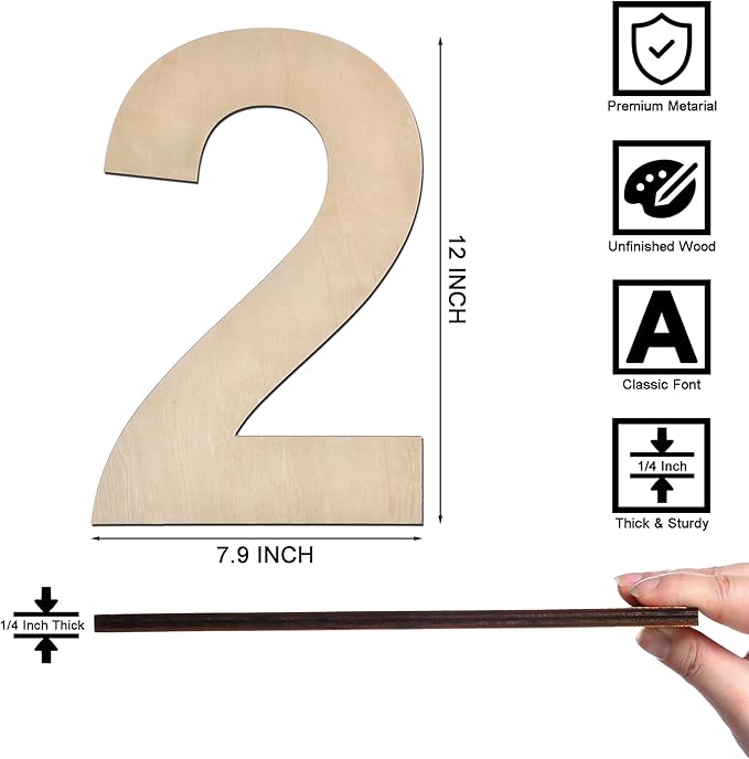 12 Inch Wooden Number 2, 1/4 Inch Thick Large Unfinished Wood Number for Home Wall Decor, DIY Crafts