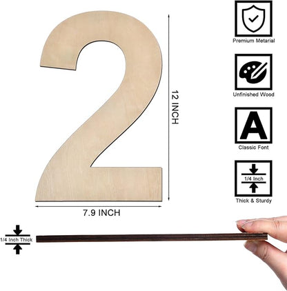 12 Inch Wooden Number 2, 1/4 Inch Thick Large Unfinished Wood Number for Home Wall Decor, DIY Crafts