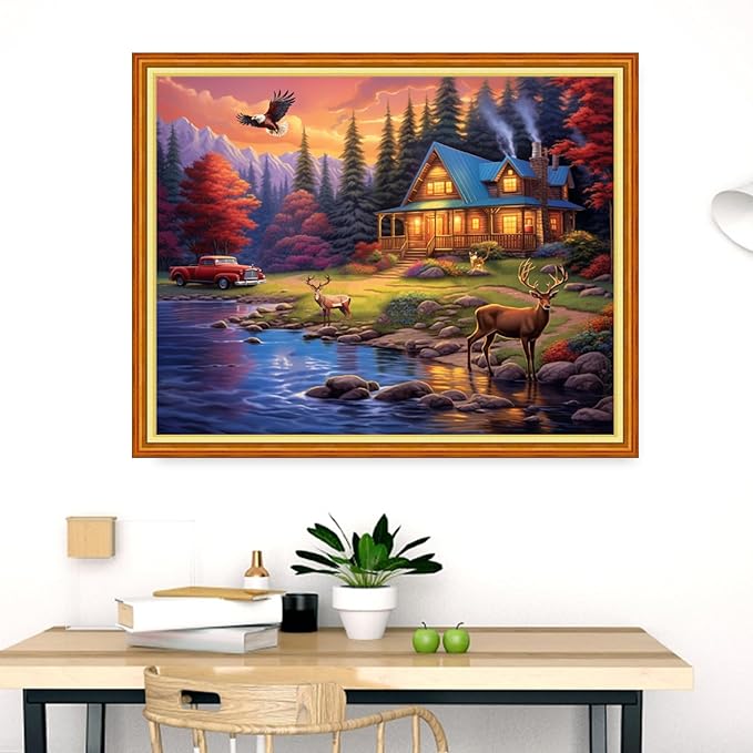 Dimensean Stamped Cross Stitch Kits Full Range of Embroidery Patterns Starter Kits for Beginners Adult DIY Cross Stitches Needlepoint Kits 11CT-Night View by The Lake 16x20 inch