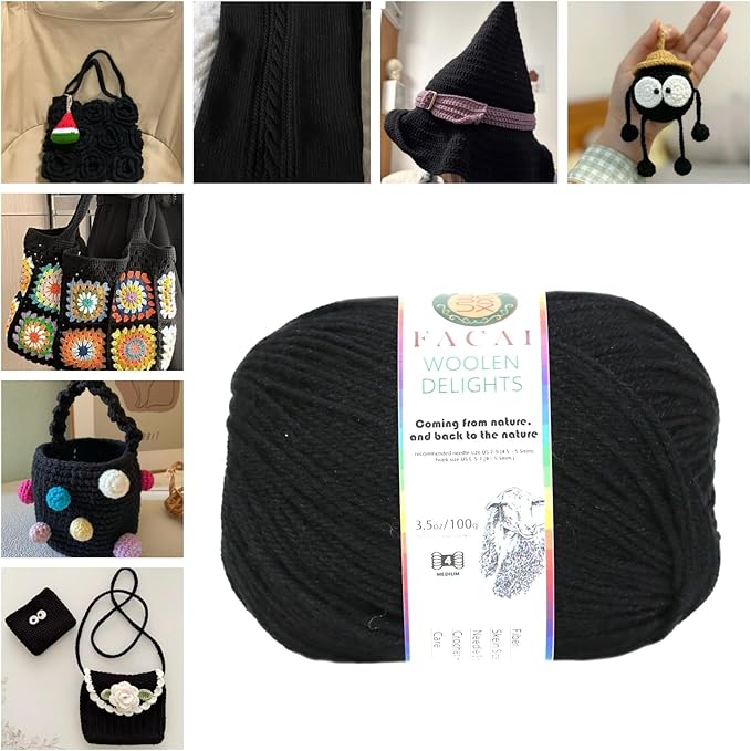 Facai Blend Merino Wool Yarn for Knitting - Worsted Weight,197yds (3.5oz) Ball, Ideal for Sweaters, Scarves, and Accessories (1, Black)