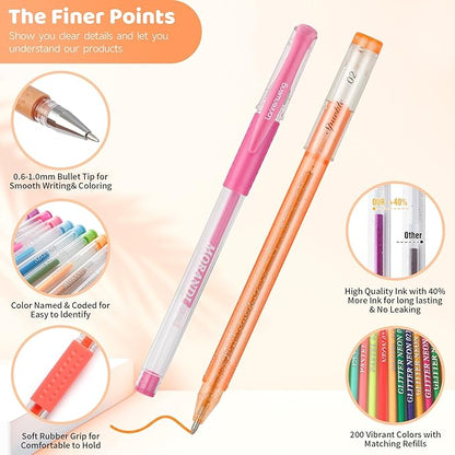 LANRENWENG 400 Pack Gel Pens for Adult Coloring Books, 200 Colored Gel Pen Include 200 Refills with 40% More Ink,Glitter Gel Pens Set for Coloring Books Drawing Journaling Scrapbook Art Supplies