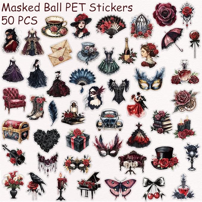 50 Pcs Gothic Masquerade Scrapbook Stickers – Vintage Clear Aesthetic Stickers with Victorian Dresses, Masks, Roses, Corsets, Dark Romance Ephemera for Journaling, Crafts, Laptop, Gift Decoration