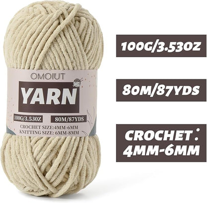 Fluffy Chenille Yarn for Crocheting - Baby Yarn for Crocheting Soft Blanket - 3 Pack of 100g/(87.4yds) Crochet Amigurumi Chunky Yarns - Super Bulky 5 Velvet Yarns (3 Light Khaki)