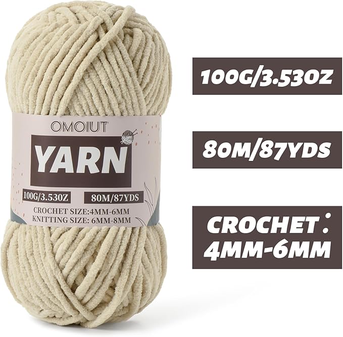 Light Khaki Fluffy Chenille Yarn for Crocheting - Baby Yarn for Crocheting Soft Blanket - (100g/87.4yds) Crochet Amigurumi Chunky Yarns - Super Bulky 5 Velvet Yarns