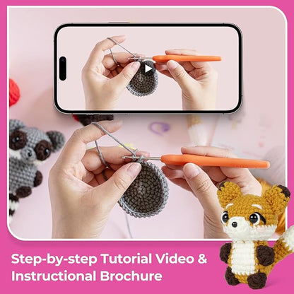 MOREJMTT Crochet Kit for Beginners, Crochet Animal Kits,Crocheting Kit for Starters with Step-by-Step Video Tutorials, Knitting kit (3Pack Forest Animals)