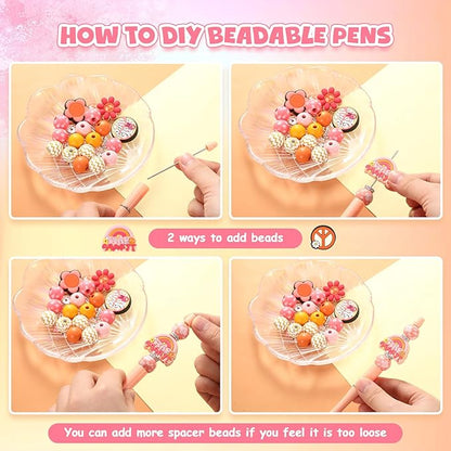 Geyee 12 Set Plastic Beadable Pens Assorted Bead Pens Crystal Wood Round Spacer Set Black Ink DIY Ballpoint for Women Men Gift Office Supplies(Groovy)