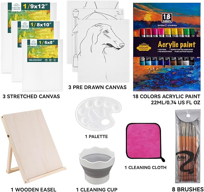 Inburit Paint Set for Adults & Kids, Painting Supplies Kit with 18 Acrylic Paints(22ml), Easel, Stretched Canvases, Brushes, Palette,Etc. Deluxe Art Paint Set for Student and Artist
