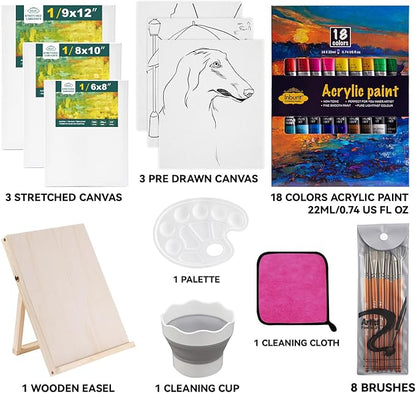 Inburit Paint Set for Adults & Kids, Painting Supplies Kit with 18 Acrylic Paints(22ml), Easel, Stretched Canvases, Brushes, Palette,Etc. Deluxe Art Paint Set for Student and Artist