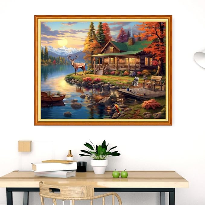 Dimensean Stamped Cross Stitch Kits Full Range of Embroidery Patterns Starter Kits for Beginners Adult DIY Cross Stitches Needlepoint Kits 11CT-Scenery by The Lake 16x20 inch