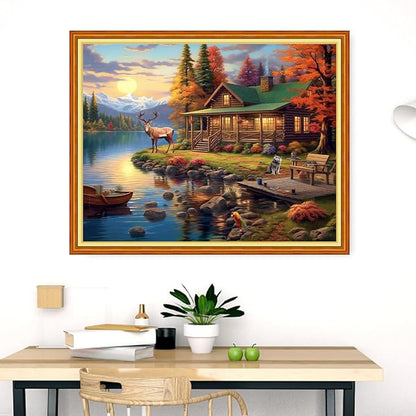 Dimensean Stamped Cross Stitch Kits Full Range of Embroidery Patterns Starter Kits for Beginners Adult DIY Cross Stitches Needlepoint Kits 11CT-Scenery by The Lake 16x20 inch