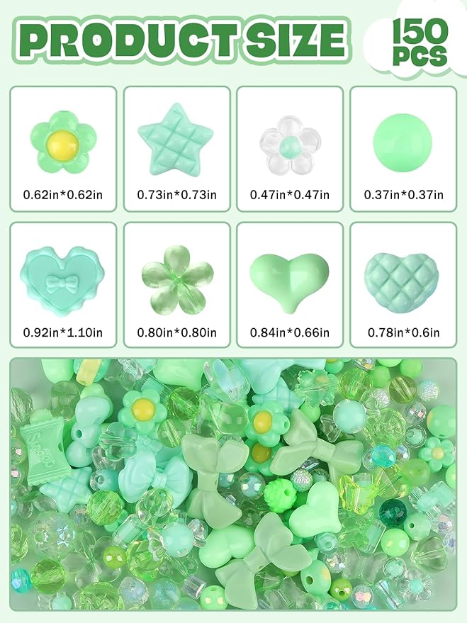 150PCS Acrylic Pastel Beads for Jewelry Making, Kalolary Colorful Bow Butterfly Flower Kawaii Plastic Candy Heart Cute Macaroon Aesthetic Beads for Bracelet Necklace DIY Supplies (Green)