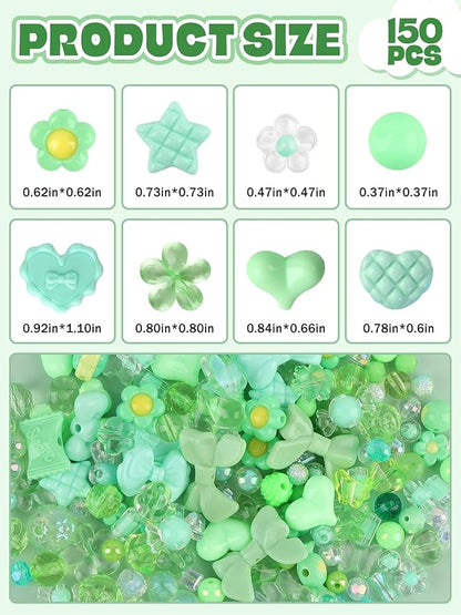 150PCS Acrylic Pastel Beads for Jewelry Making, Kalolary Colorful Bow Butterfly Flower Kawaii Plastic Candy Heart Cute Macaroon Aesthetic Beads for Bracelet Necklace DIY Supplies (Green)
