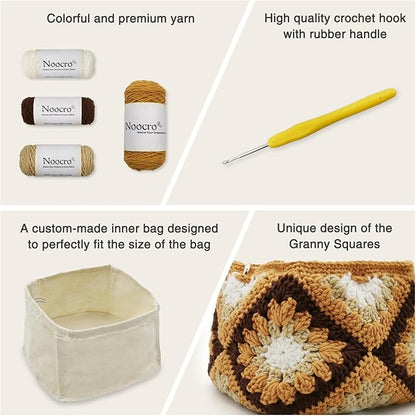 Noocro Crochet Kit Granny Square Shumai Bag, Purse, Complete DIY Kit, Detailed Instructions, Video Tutorials, for Beginners or Intermediate and Advanced Crocheters (Amber)