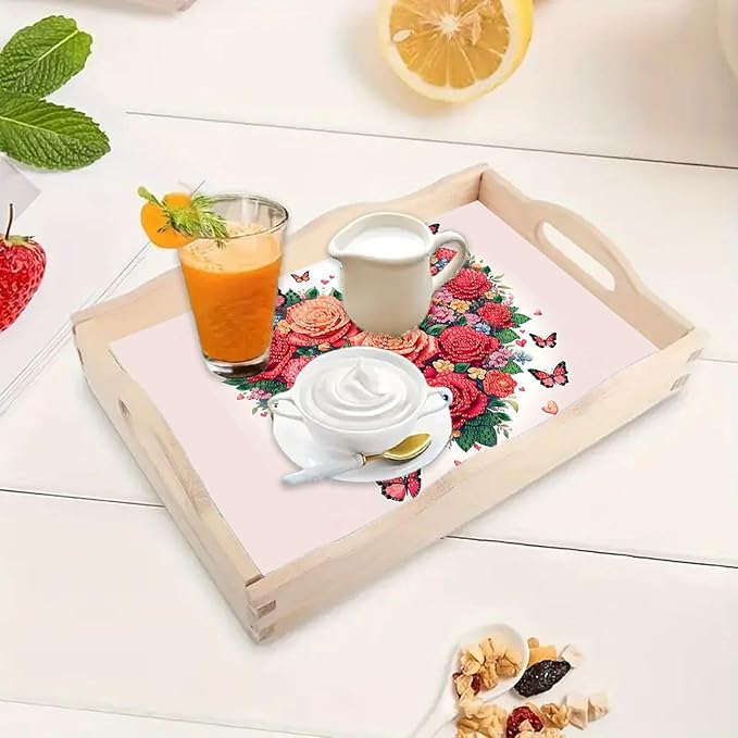 DoxQcs DIY Diamond Art Wooden Tray Kit Easter Food Tray with Handle Diamond Painted Table Decoration Tray for Breakfast Bar Dinner Table Diamond Art Painting for Beginners-Rose Heart