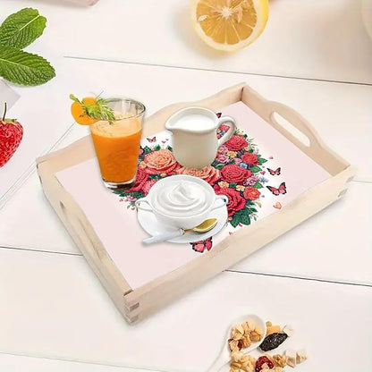 DoxQcs DIY Diamond Art Wooden Tray Kit Easter Food Tray with Handle Diamond Painted Table Decoration Tray for Breakfast Bar Dinner Table Diamond Art Painting for Beginners-Rose Heart