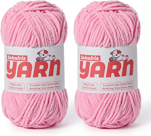 Plush Chunky Chenille Yarn for Crocheting, Soft Fluffy Velvet Yarn for Crocheting Amigurumi, Fuzzy Baby Blanket Knitting 200g/262yds Bulky(2 Deep Pink)