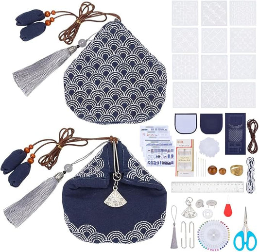 FREEBLOSS Sashiko Coin Purse DIY Kit with 12pcs PET Stencils Complete Sashiko Kit for Beginners Japanese Traditional Embroidery Bag for Girls Mums Gift
