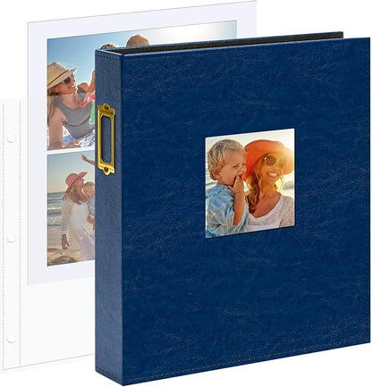 Vienrose 8.5x11 Inch Large 3 Ring DIY Scrapbook Photo Album Leather Cover Scrap Book Albums Blank Scrapbooks Photobook with 30 Plastic Sleeves 60 Pages for Wedding Baby Family Anniversary (Navy Blue)