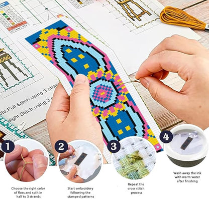 ORIGACH 6 Set Mandala Pattern Cross Stitch Bookmark Kit for Beginner with Backing Felt Floss Instructions DIY Stamped Embroidery Bookmark Kit for Adults, Book Lovers