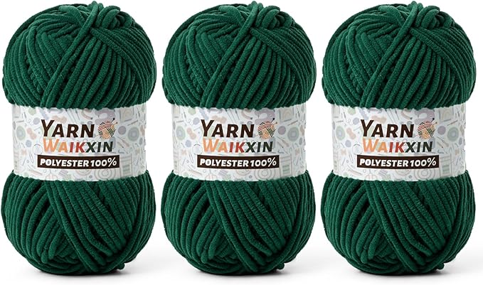 3 Pack Soft Chenille Yarn for Crocheting, Fluffy Chunky Crochet Yarn for Baby Blanket, (5.29oz/196.8yds) Fuzzy Velvet Yarn for Amigurumi&DIY Puzzle、Crafts、Scarf(3 Dark Green)