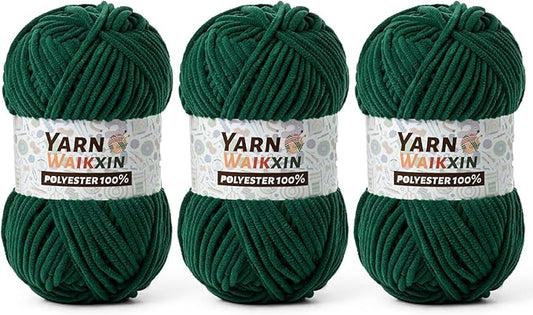 3 Pack Soft Chenille Yarn for Crocheting, Fluffy Chunky Crochet Yarn for Baby Blanket, (5.29oz/196.8yds) Fuzzy Velvet Yarn for Amigurumi&DIY Puzzle、Crafts、Scarf(3 Dark Green)