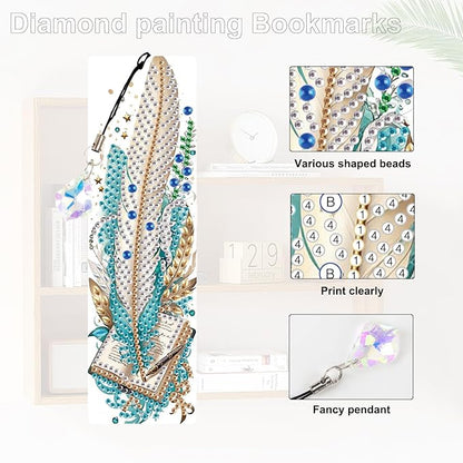 4-Pack 5D Diamond Painting Bookmarks Kit, Peacock Feather DIY Diamond Art Bookmarks with Rhinestones and Tassels, Creative Bookmark Making Set for Adults, Gift for Book Lovers