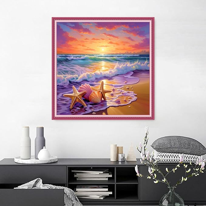 Joyhoor Cross Stitch Kits for Beginners, Stamped Cross-Stitch Supplies, Needlework Preprint Embroidery Kits, Adults DIY Needlepoint Kits, Embroidery Patterns 11CT-Sunrise on The Beach, 18x18 inch