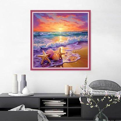 Joyhoor Cross Stitch Kits for Beginners, Stamped Cross-Stitch Supplies, Needlework Preprint Embroidery Kits, Adults DIY Needlepoint Kits, Embroidery Patterns 11CT-Sunrise on The Beach, 18x18 inch