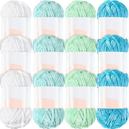 Xinnun 12 Skeins 1116 Yards Chenille Velvet Soft Thick Plush Yarn Bulk for Crocheting Knitting Blanket DIY Weaving Craft, 6mm, 3.5 Oz/Skein(Green Series)