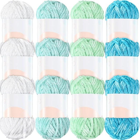 Xinnun 12 Skeins 1116 Yards Chenille Velvet Soft Thick Plush Yarn Bulk for Crocheting Knitting Blanket DIY Weaving Craft, 6mm, 3.5 Oz/Skein(Green Series)