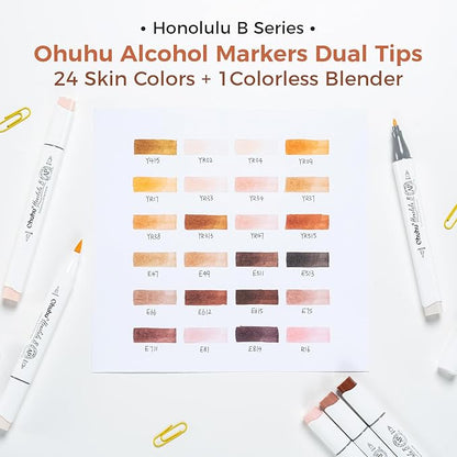 Ohuhu Skin Tone Alcohol Markers Brush Tip - 24 Portrait Skin Color Markers for Artist Adults Coloring Illustration - Fine and Brush Dual Tips - Honolulu B - Refillable - AP Certificated