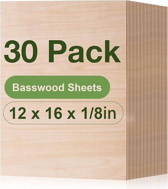ROBOTIME 30-Pack Basswood Sheets 1/8" x 12" x 16" - Laser Engraving Blanks, 3mm Wood for Laser Cutting and Engraving