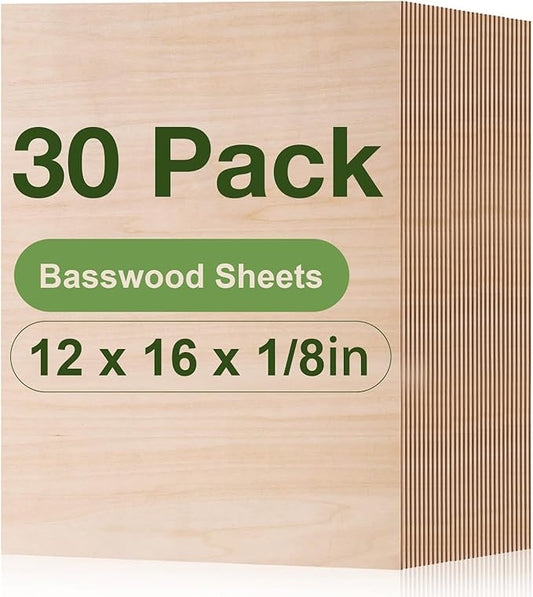 ROBOTIME 30-Pack Basswood Sheets 1/8" x 12" x 16" - Laser Engraving Blanks, 3mm Wood for Laser Cutting and Engraving