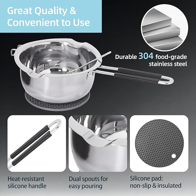 Professional Double Boiler Pot 1200ML/40.6OZ, 304 Stainless Steel Chocolate Melting Pot with 1000W Electric Hot Plate, Multi-Functions Warming Melting Pots for Wax Soap Base Candy Cheese Butter