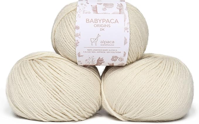 Origins - 100% Baby Alpaca Yarn Wool Set of 3 Skeins (150 Grams) DK Weight Made in Peru Natural Colors (Undyed) Heavenly Soft Perfect for Knitting and Crocheting (Ivory Cloud, Origins 3 Skeins DK)