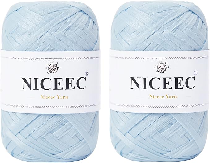 NICEEC 2 Skeins Soft Tape Yarn for Crocheting Craft Paper Yarn Easy Crochet Raffia Yarn Ribbon Yarn for DIY Craft Gift Wrapping Total Length 1.76oz×2/109yds×2-Misty Blue