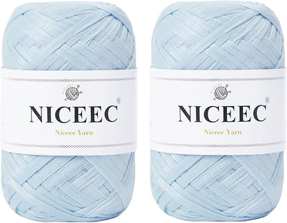NICEEC 2 Skeins Soft Tape Yarn for Crocheting Craft Paper Yarn Easy Crochet Raffia Yarn Ribbon Yarn for DIY Craft Gift Wrapping Total Length 1.76oz×2/109yds×2-Misty Blue