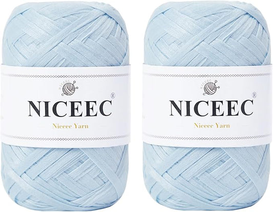 NICEEC 2 Skeins Soft Tape Yarn for Crocheting Craft Paper Yarn Easy Crochet Raffia Yarn Ribbon Yarn for DIY Craft Gift Wrapping Total Length 1.76oz×2/109yds×2-Misty Blue
