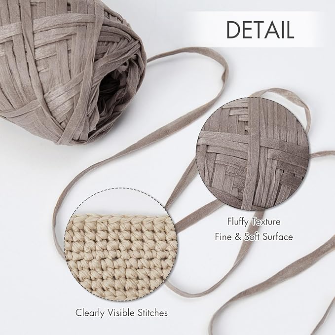 NICEEC 6 Skeins Soft Tape Yarn, Easy Crohcet Raffia, Crochet & Knitting, Paper Ribbon Yarn for DIY Craft Gift Wrapping Total Length 1.76oz×6/109yds×6 - Grayish Brown
