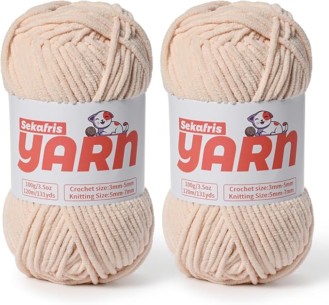 2 Pack Plush Chunky Chenille Yarn for Crocheting, Soft Fluffy Velvet Yarn for Crocheting Amigurumi, Fuzzy Baby Blanket Knitting 200g/262yds Bulky(2 Beige)