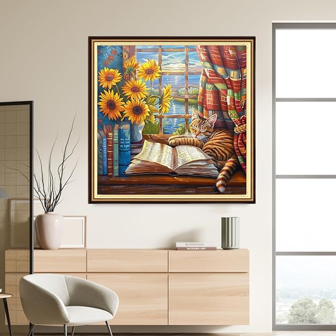 DMCVIVR Stamped Cross Stitch Kits for Adults Beginners Embroidery Kits 11CT Needlepoint Kits Cross Stitch Patterns Embroidery Patterns-The cat Sleeping on windowsill 18x18 inch
