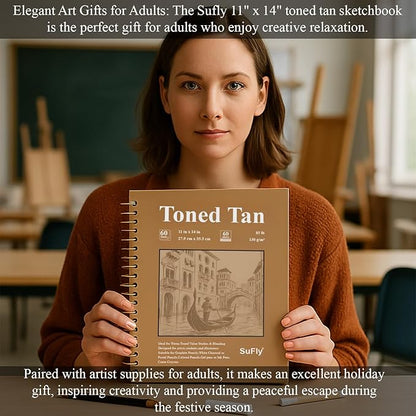 SuFly Toned Paper Sketch Book, 11x14 Inches, 60 Sheets - 90lb/150gsm Toned Tan Paper for Mixed Media, Charcoal, Graphite, Colored Pencils & White Gel Pens, 100% Recycled, Wire-O Bound.