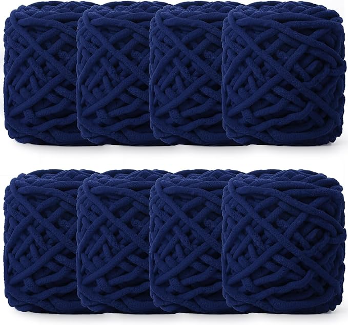 Buryeah 8 Pack Chunky Chenille Yarn for Crocheting Soft Thick Fluffy Yarn for Hand Knitting Bulky Velvet Blanket Plush for Weaving DIY Crafts Each 3.5 oz 55 Yards (Navy Blue)