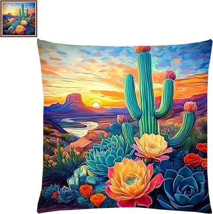 Lovxvouy Pillow Cross Stitch Kits for Adults Beginners-Preprinted Needlepoint Kit Stamped Crossstitching Kits 11CT Cross-Stitch Kit Stitches Kit Embroidery Kits-Flower Cactus 18x18 inchs
