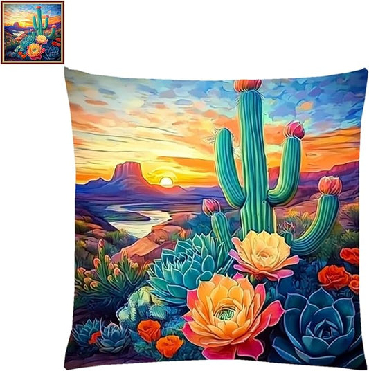 Lovxvouy Pillow Cross Stitch Kits for Adults Beginners-Preprinted Needlepoint Kit Stamped Crossstitching Kits 11CT Cross-Stitch Kit Stitches Kit Embroidery Kits-Flower Cactus 18x18 inchs