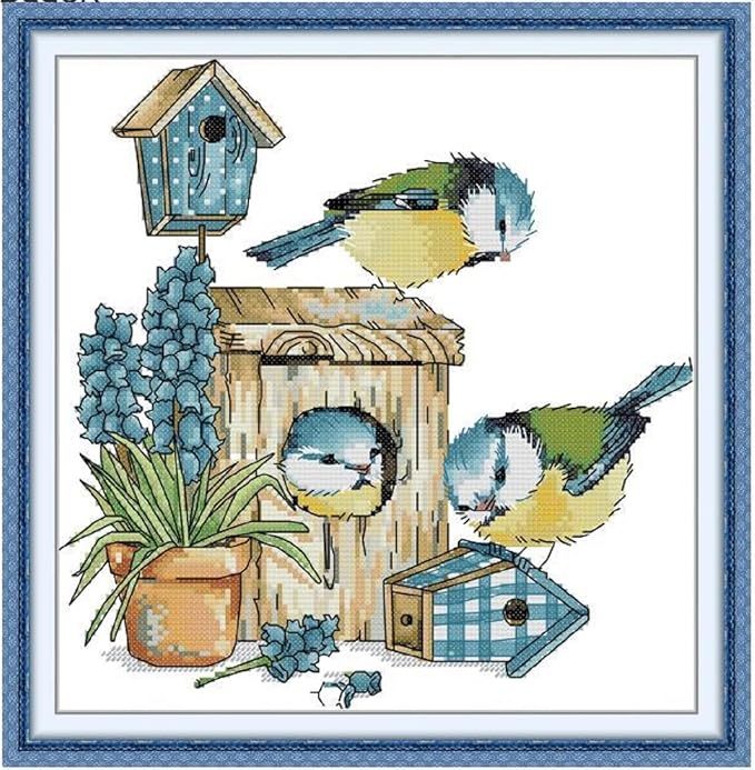 Qeerysew Cross Stitch Kits Stamped Full Range of Embroidery Starter Kits for Beginners DIY - Printed Kit Mockingbird House (Printed) 14CT11.4x11.8 inches