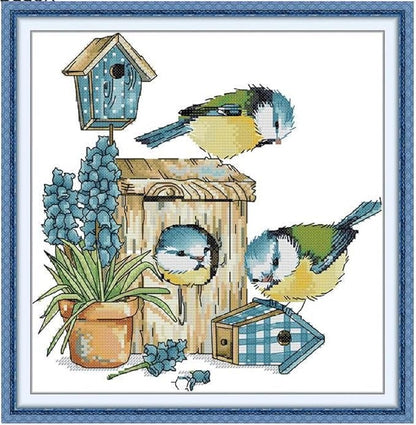 Qeerysew Cross Stitch Kits Stamped Full Range of Embroidery Starter Kits for Beginners DIY - Printed Kit Mockingbird House (Printed) 14CT11.4x11.8 inches