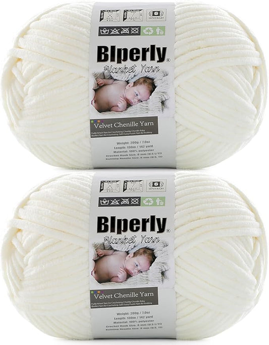 6 Super Bulky Velvet Chenille Yarn for Crocheting - 2 Skein of 200g/7 oz - Ultra Soft Heavy Weight Chunky Knitting Yarn for Baby Blankets, Amigurumi, Home Decor（Milky White，2 Skein）